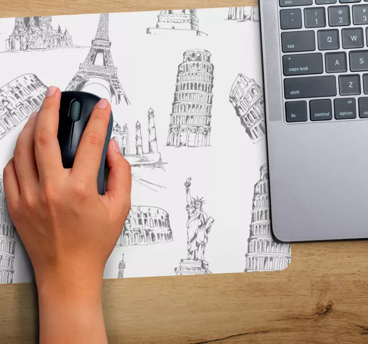 Tappetino mouse mappamondo schizzo di monumenti famosi - TenStickers