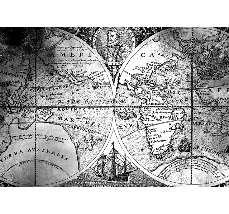 Tenda a rullo grigia mappa del mondo in bianco e nero - TenStickers
