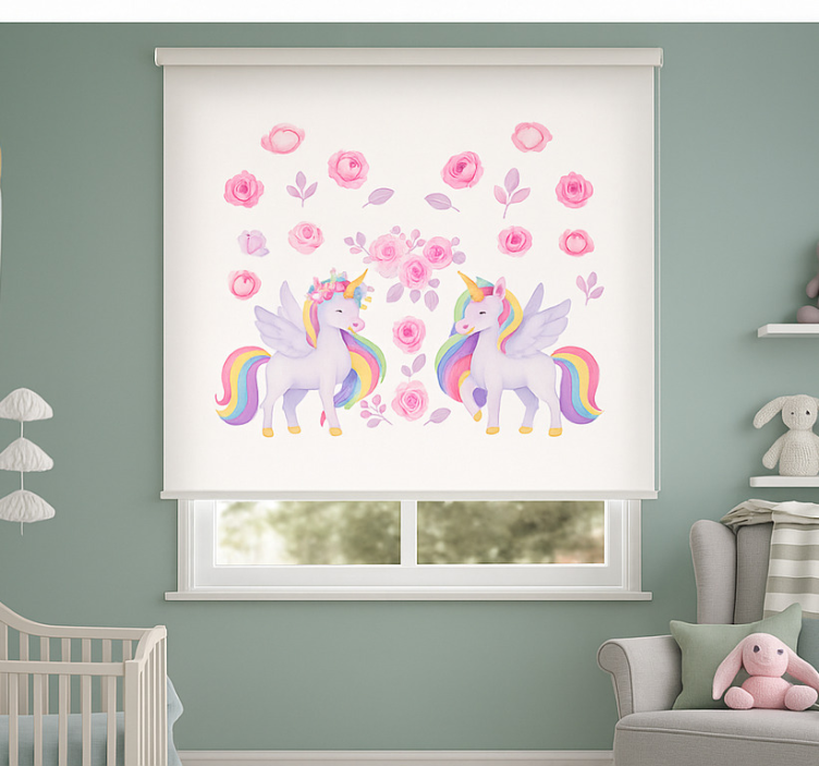 Tenda a rullo cameretta unicorno rosa e fiori - TenStickers