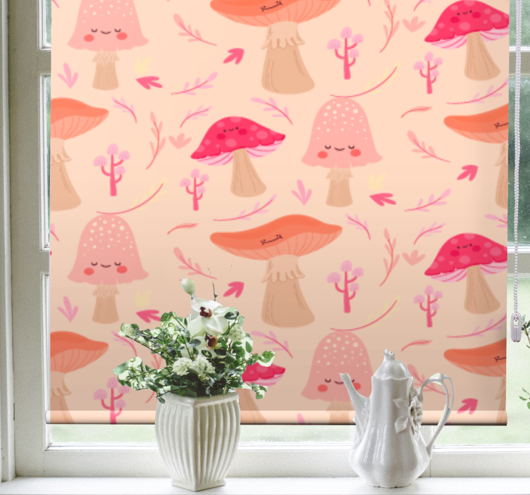 Tenda a rullo piante e fiori motivi di funghi rosa - TenStickers