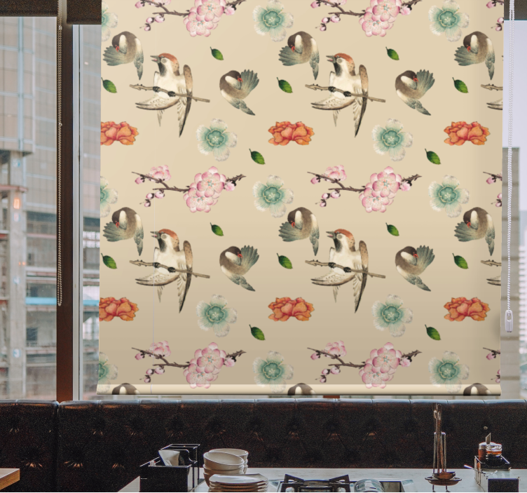 Tenda a rullo fiori e piante disegno aviario beige - TenStickers
