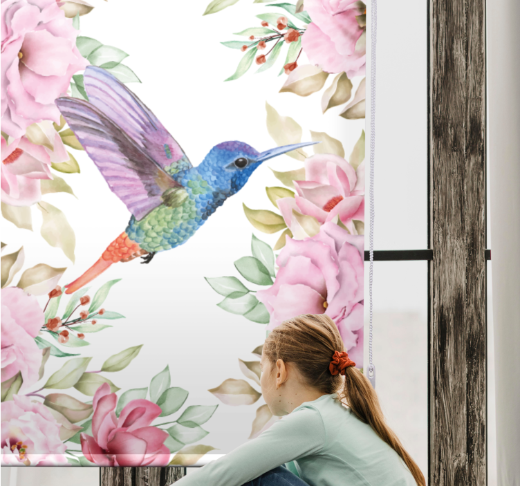 Tenda a rullo fiori e piante colibrì tra le rose - TenStickers