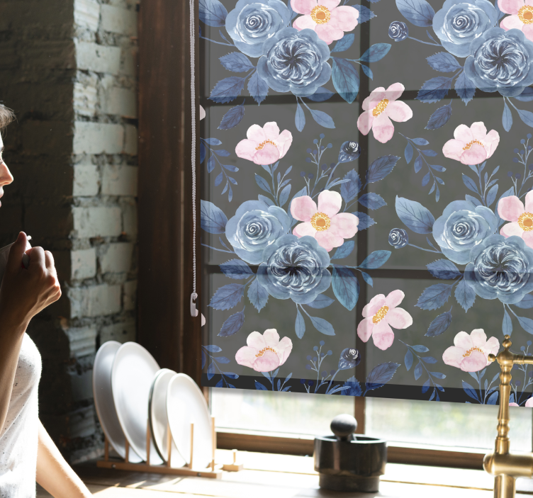 Tenda a rullo fiori e piante motivo floreale blu - TenStickers