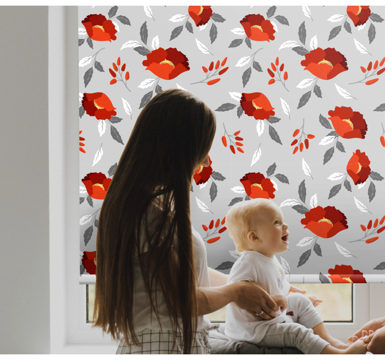 Tenda a rullo fiori modello grigio rosso - TenStickers