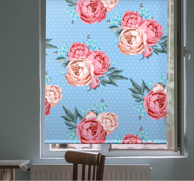 Tenda a rullo fiori rose rosa in fiore blu - TenStickers