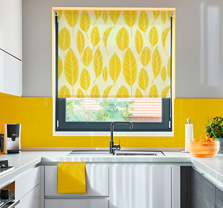 Tenda a rullo color giallo motivo a foglie grandi - TenStickers