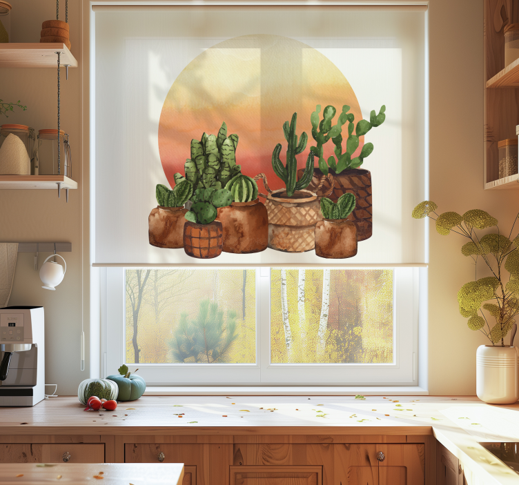 Tenda a rullo cucina moderna cactus con tramonto in cerchio - TenStickers