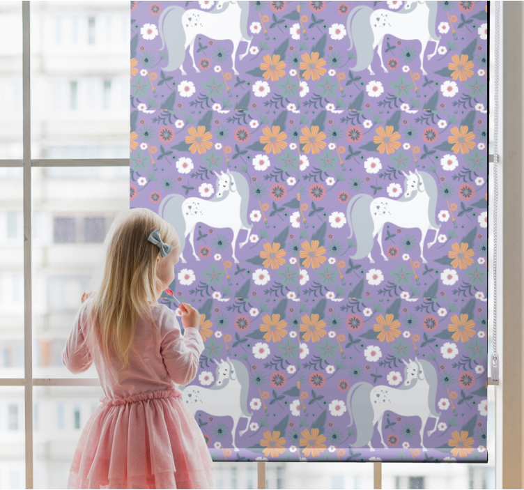 Tenda a rullo cameretta unicorni viola e fiori - TenStickers