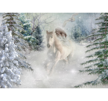 Tenda a rullo bianca fotomurale cavalli nella neve - TenStickers