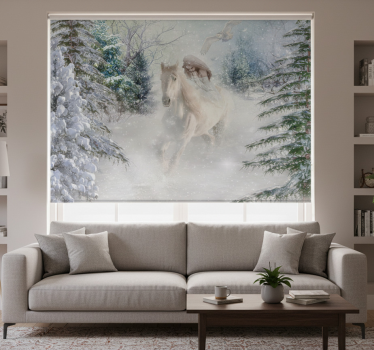 Tenda a rullo bianca fotomurale cavalli nella neve - TenStickers