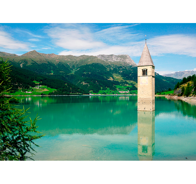 Poster murale Curon Venosta lago con campanile - TenStickers
