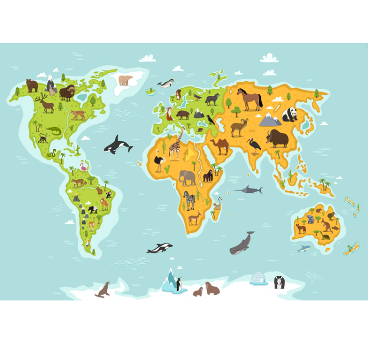 Fotomurale mappa del mondo con animali - TenStickers