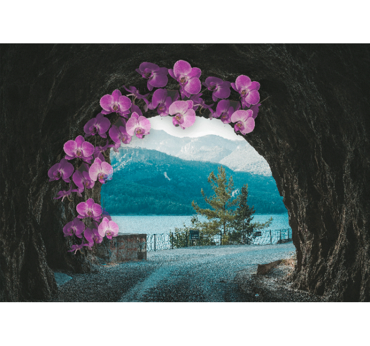 Fotomurale fiori orchidee che incorniciano il paesaggio - TenStickers