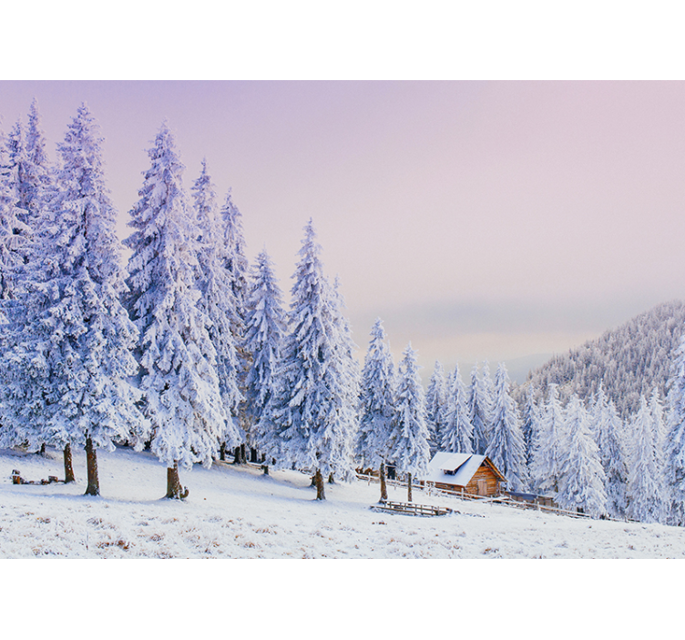 Fotomurale montagna rifugio nella foresta innevata - TenStickers