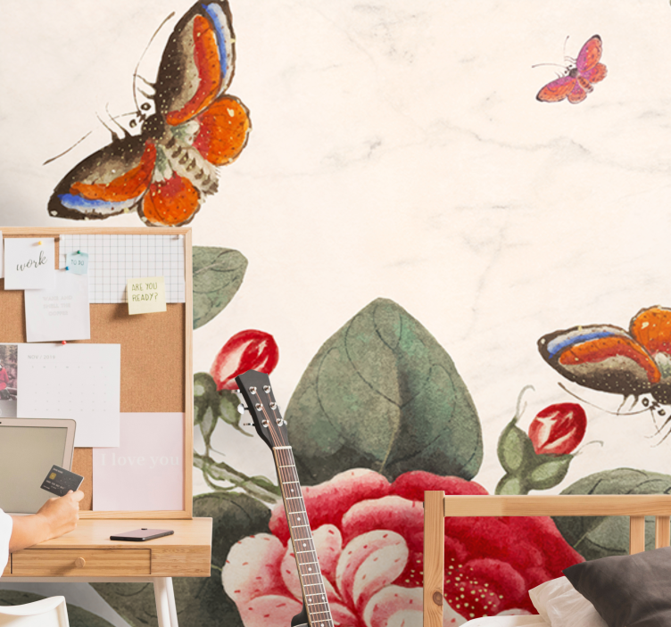 Fotomurale fiori insetti svolazzanti e fiori - TenStickers