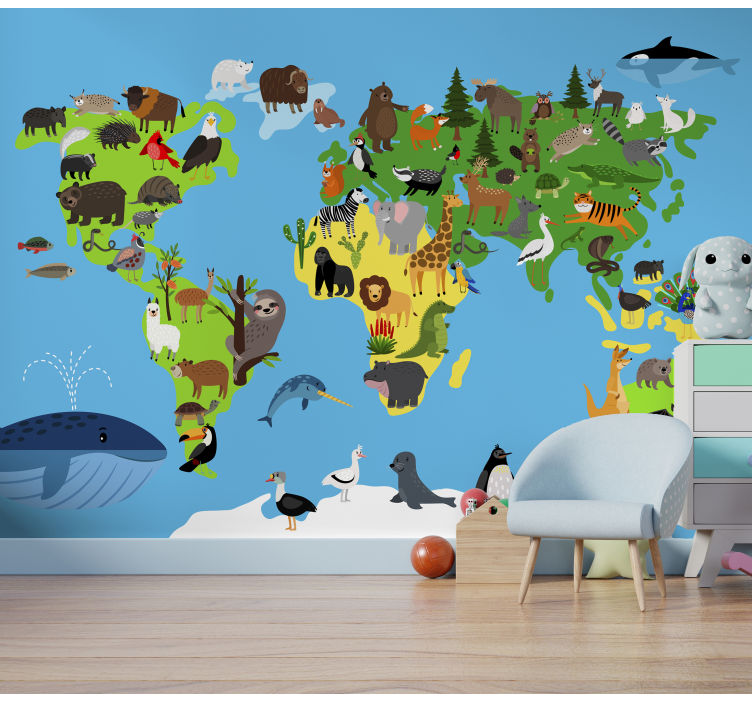 Fotomurale mappamondo animali in stile bambino - TenStickers