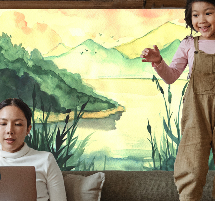 Fotomurale lago paesaggio sereno disegnato a mano - TenStickers