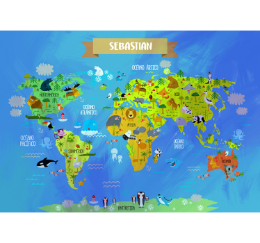 Fotomurale mappamondo con animali e nome - TenStickers