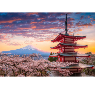 Fotomurale fiori Montagna fuji e edifici giapponesi - TenStickers
