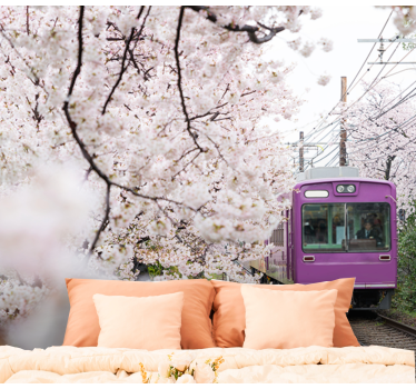 Fotomurale città treno dei fiori di ciliegio - TenStickers