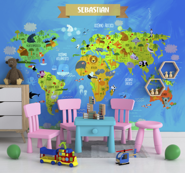 Fotomurale mappamondo con animali e nome - TenStickers
