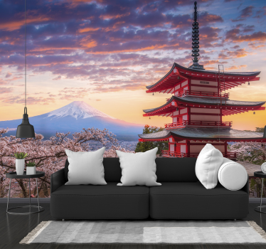 Fotomurale fiori Montagna fuji e edifici giapponesi - TenStickers