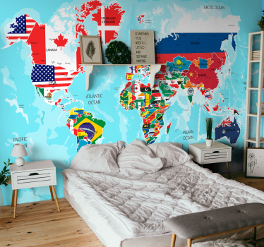 Carta da parati per ragazzi con mappa del mondo e bandiere - TenStickers