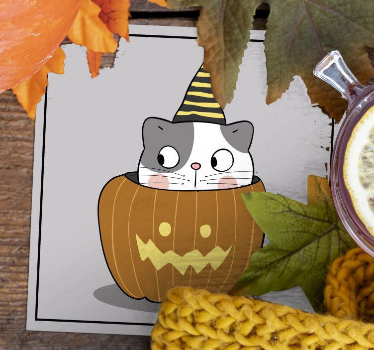 Sottobicchieri halloween gatto con cappello di zucca - TenStickers