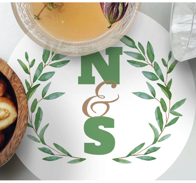 Sottobicchieri personalizzabili iniziali in corona di foglie - TenStickers