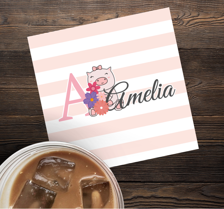 Sottobicchieri personalizzabili maialino giocoso con fiori - TenStickers