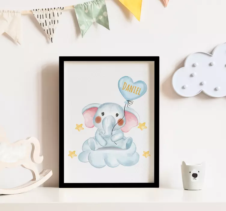 Poster simpatico elefante con palloncin e nome - TenStickers