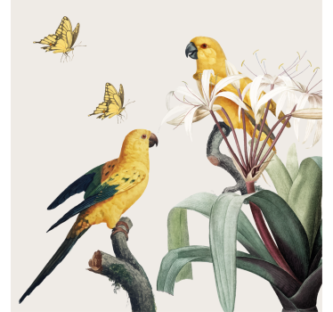 Poster salotto pappagalli con fiori gialli e farfalle - TenStickers