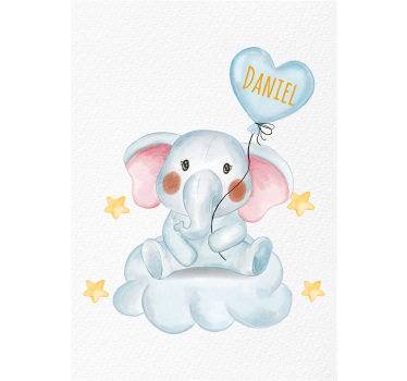 Poster simpatico elefante con palloncin e nome - TenStickers