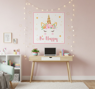 Poster camera ragazzi unicorni frase sii felice - TenStickers