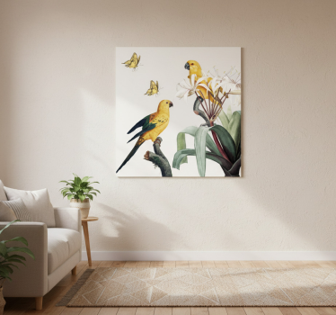 Poster salotto pappagalli con fiori gialli e farfalle - TenStickers