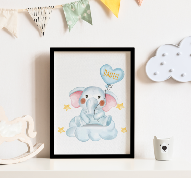 Poster simpatico elefante con palloncin e nome - TenStickers