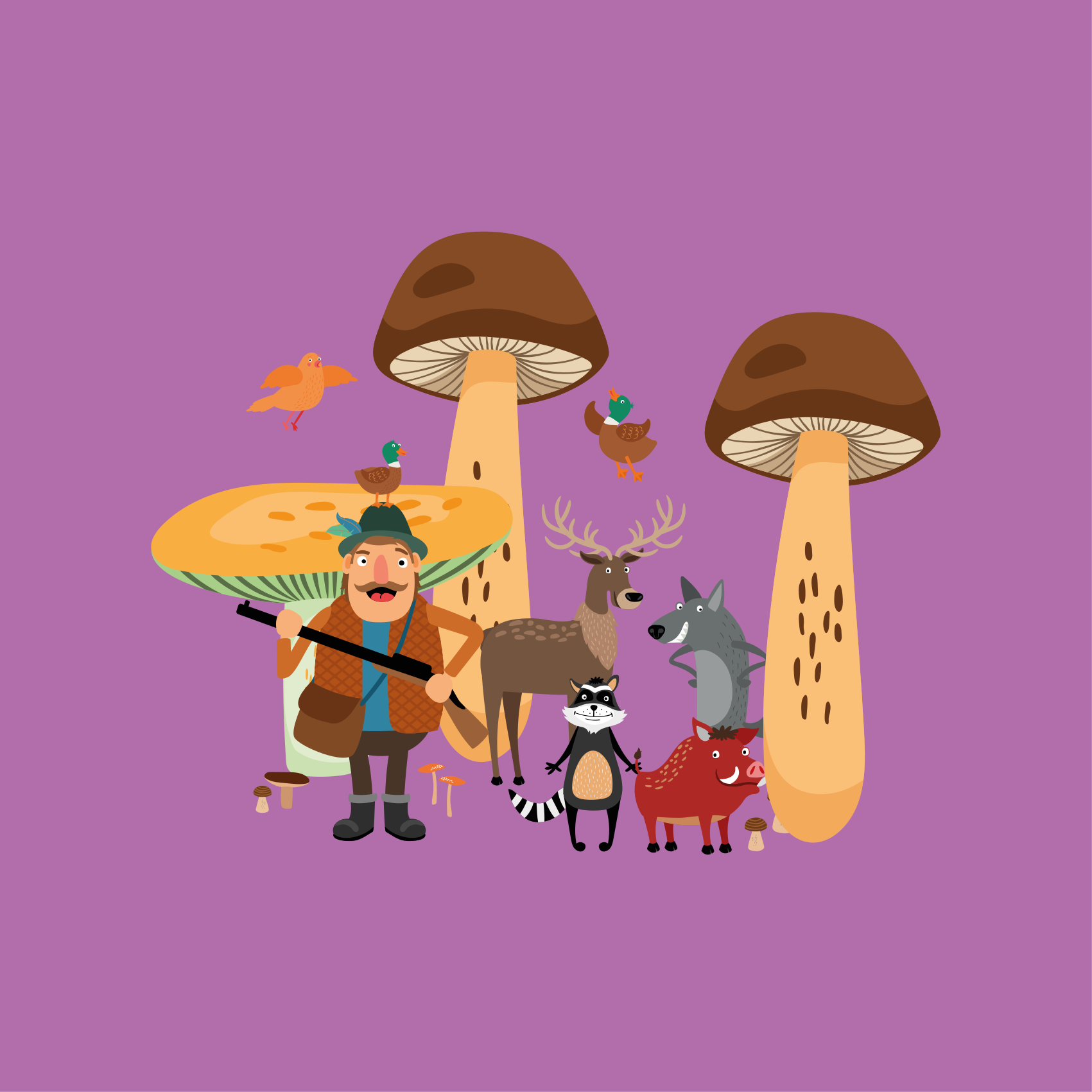Poster d'arredo per la cameretta uccelli nel bosco di funghi - TenStickers