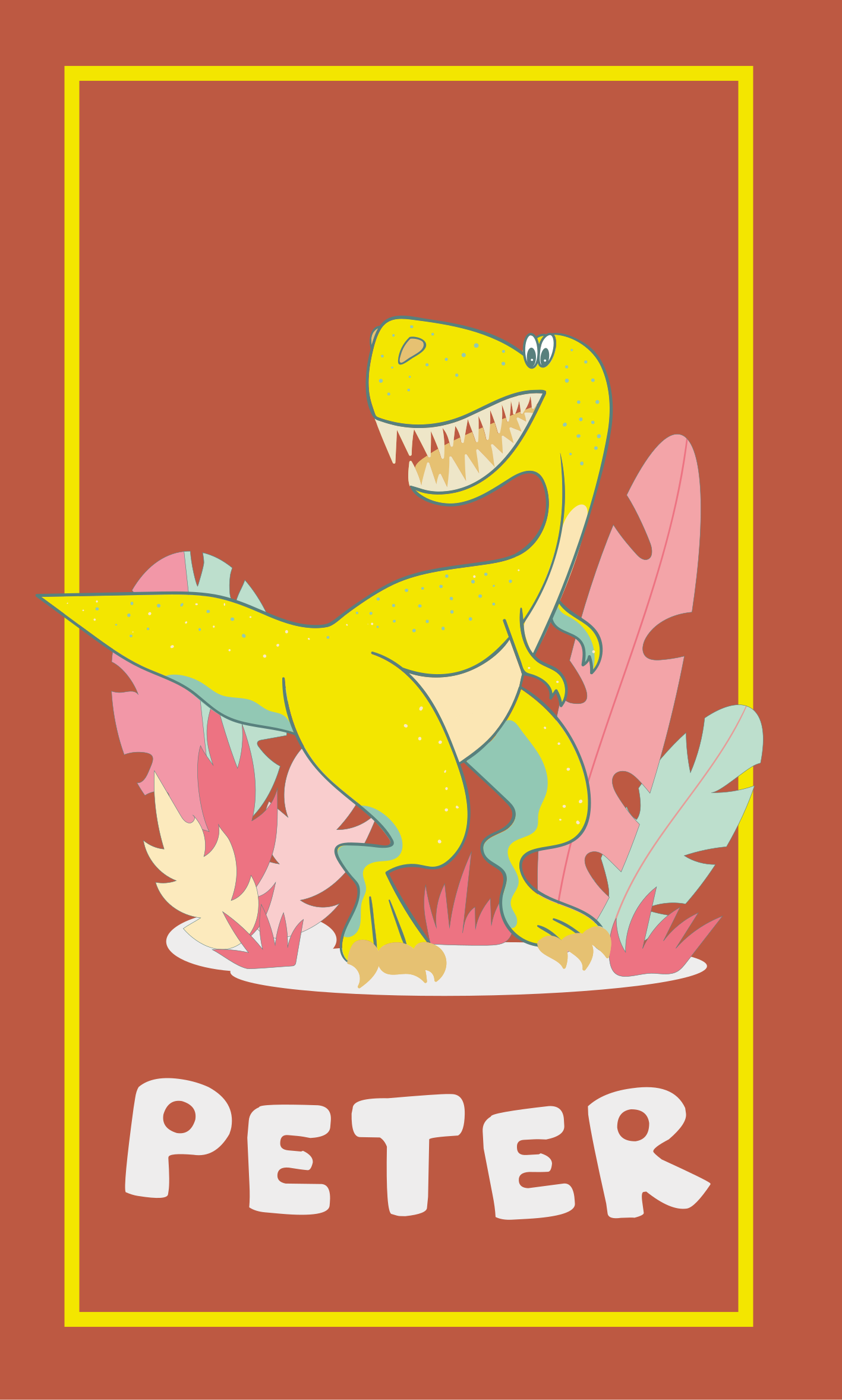 Poster d'arredo per la cameretta dino giallo con piante - TenStickers