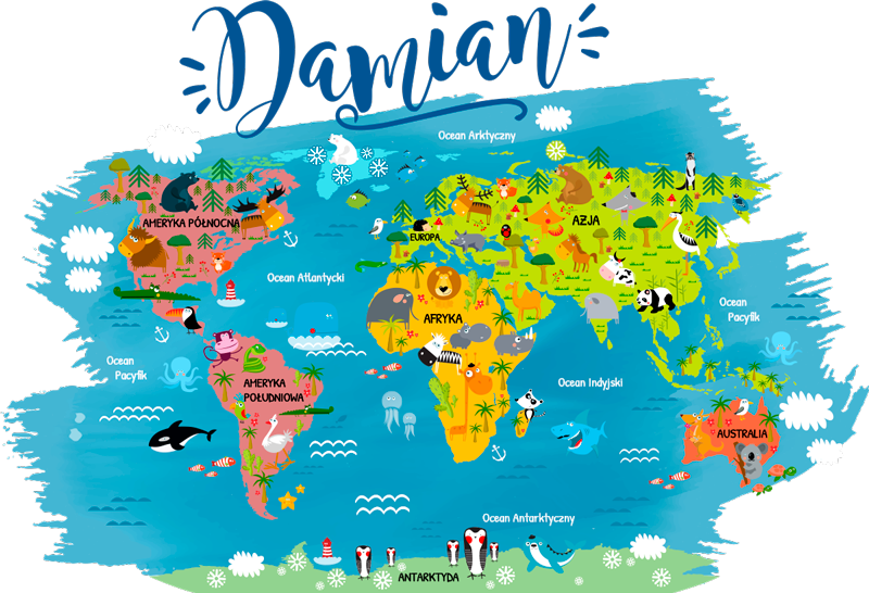 Mappa del mondo poster animali con nomi polacchi - TenStickers