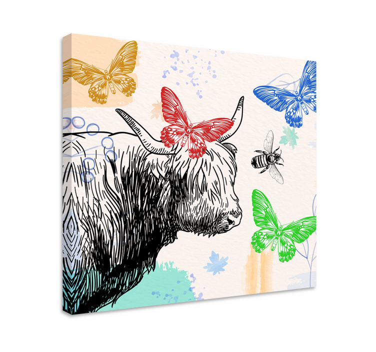 Quadro con animali e insetti mucca highland e farfalle - TenStickers