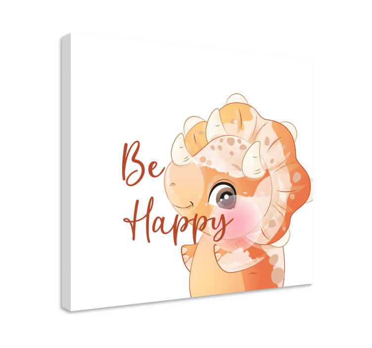 Quadro con dinosauro stile cartoon e "be happy" - TenStickers