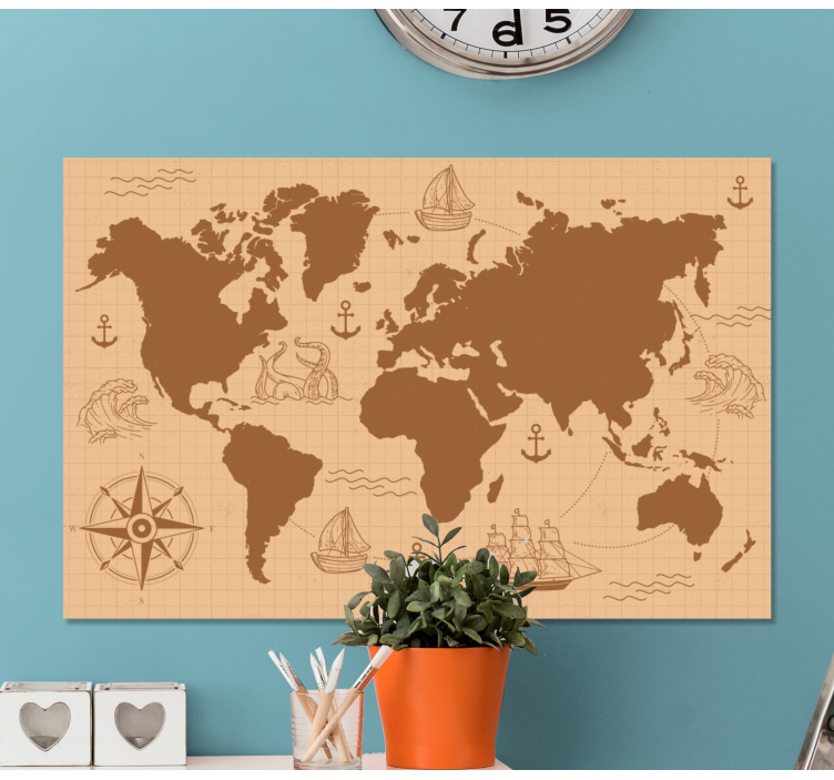 Quadro mappamondo Marrone con bussola - TenStickers