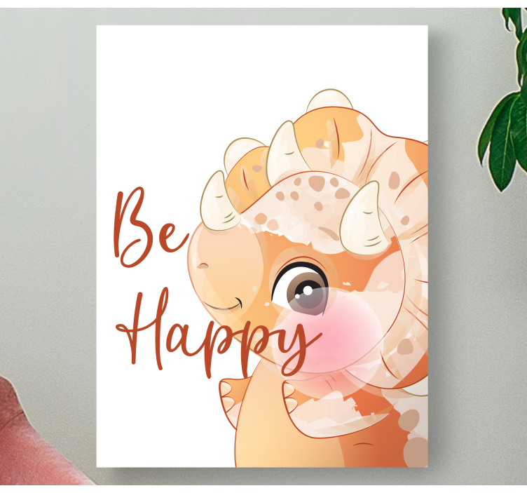 Quadro con dinosauro stile cartoon e "be happy" - TenStickers