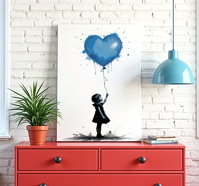 Dipinto arte ragazza con palloncino a forma di cuore blu - TenStickers