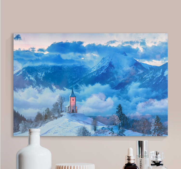 Quadro paesaggio chiesa di montagna innevata - TenStickers