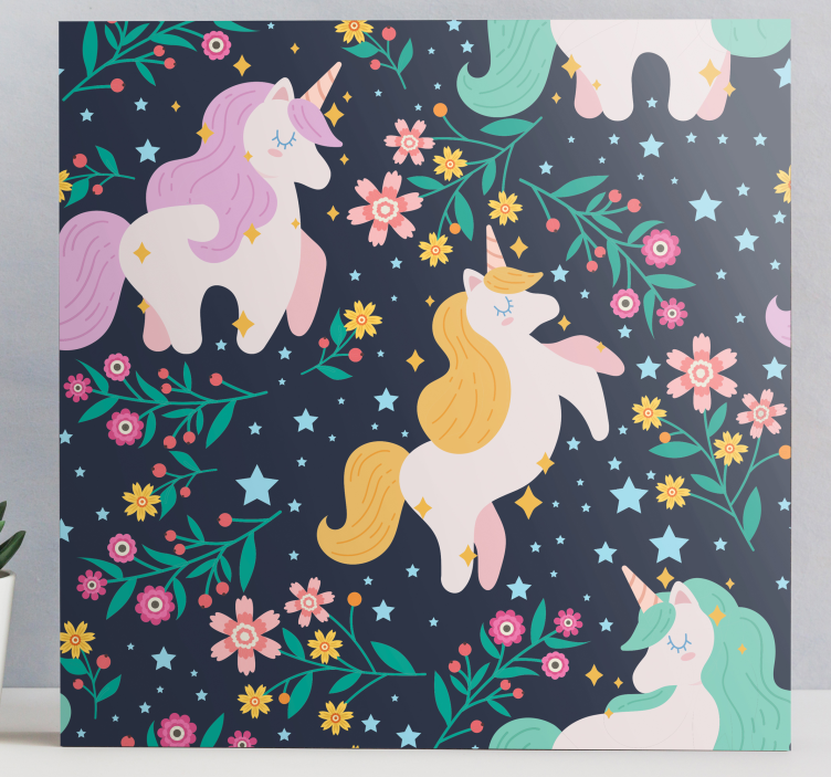 Quadro unicorno Unicorni fiori e stelle - TenStickers