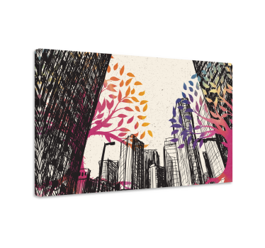 Quadro in 3D Alberi multistagionali con grattacieli - TenStickers