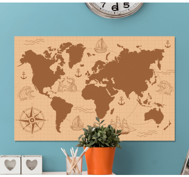 Quadro mappamondo Marrone con bussola - TenStickers