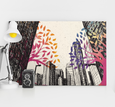 Quadro in 3D Alberi multistagionali con grattacieli - TenStickers