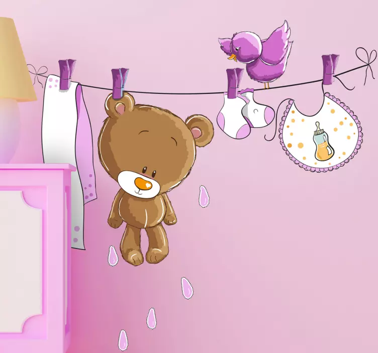 Adesivo bambini  orso stendibiancheria  rosa - TenStickers